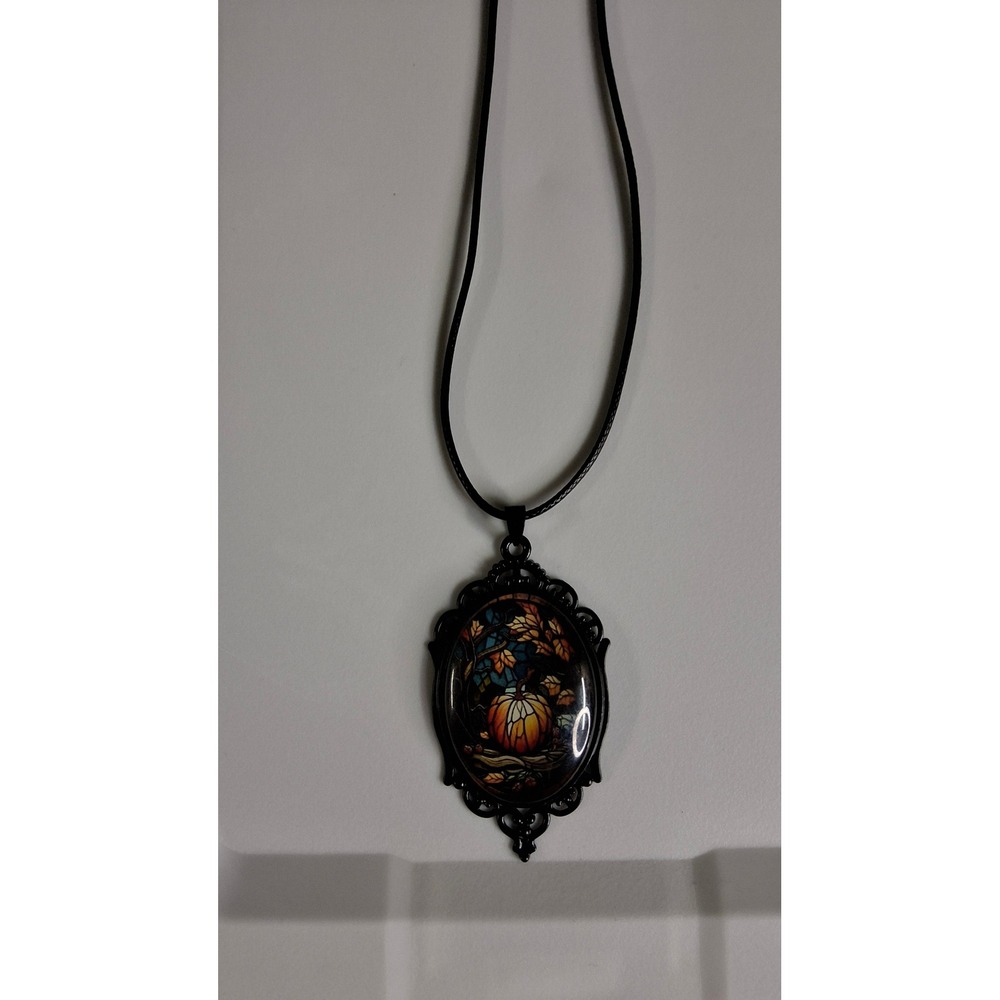 Black Filigree Pumpkin Cameo Necklace Stained Glass Style Fall Halloween Goth